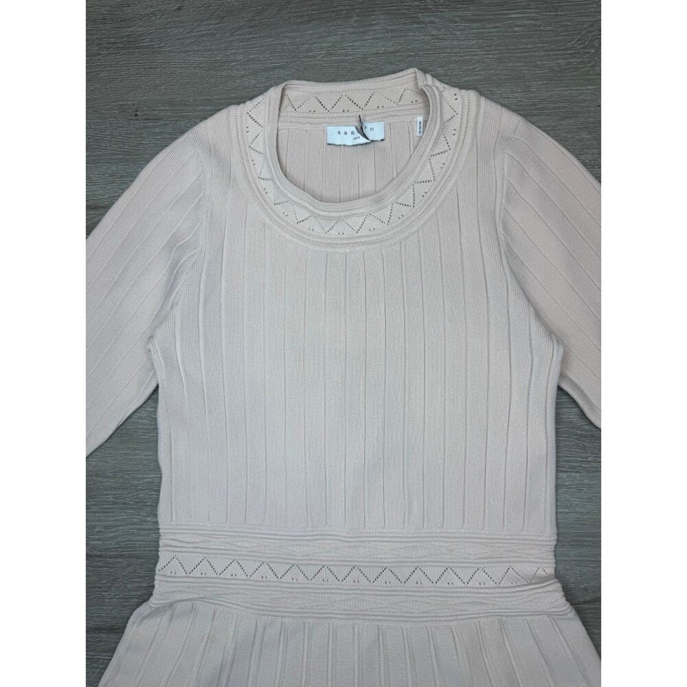 Sandro Paris Ribbed Knit Fit & Flare Bodycon Dress XS Blush Nude Bell Sleeves - Picture 6 of 12